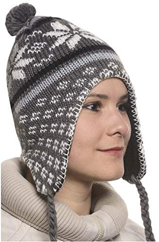 Peruanische Mütze Chullo Ch'ullu mit Bommel, Unisex, Herren/Damen, Farben zur Auswahl, anthrazit, One size