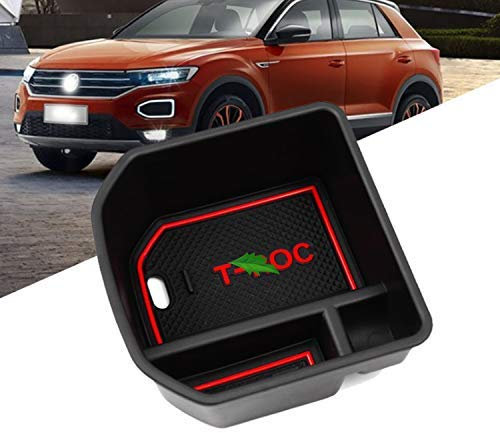 LFOTPP Mittelkonsole Aufbewahrungsbox für T ROC, Center Console Armlehne Organizer Handschuhfach, Aufbewahrungsbox Mit Rutschfestermatte Auto Zubehör (Rot)