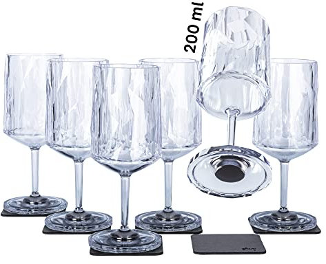 Silwy® - Bicchieri magnetici in plastica high-tech, con sottobicchieri in nano gel metallici, bicchieri da campeggio antiscivolo, accessori per barche e yacht (da vino, 0,2 l, set da 6)