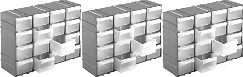 Kigima Sortierbox 3er Set 22x15x8cm 16 Fächer Silber – Praktisches Kleinteilemagazin aus Plastik – Sortimentskasten für Wandmontage geeignet – ideal als Werkstatt Organizer