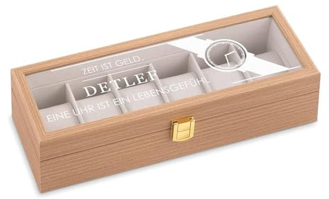Maverton Uhrenbox mit Gravur für 6 Uhren - Uhrenschachtel Uhrenaufbewahrungsbox aus Holz - personalisiert - braun 31x11x8cm - Geschenk zum Geburtstag für Männer - Zeit
