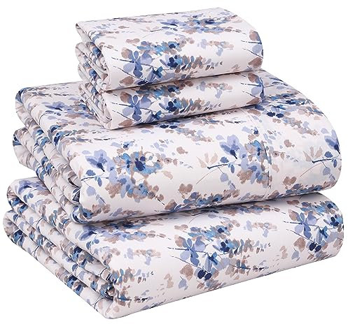 RUVANTI Bettwäsche aus 100% Baumwolle, 4-teiliges Bettwäscheset, blaues Blumenmuster, Queen-Size-Bettlaken, weicher, atmungsaktiver Stoff, Tiefe Spannbettlaken, 1 Spannbetttuch, 2 Kissenbezüge