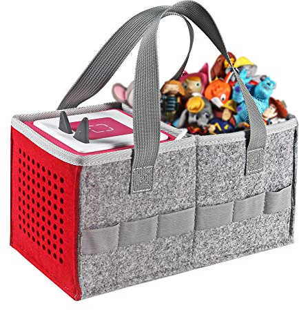 Vakdon Bag for Toniebox Starter Set and Accessories, Can hold 30-40 Figurines, Travel Carrying Bag with Handle for Toniebox, Toniebox Accessories (Gray+red)