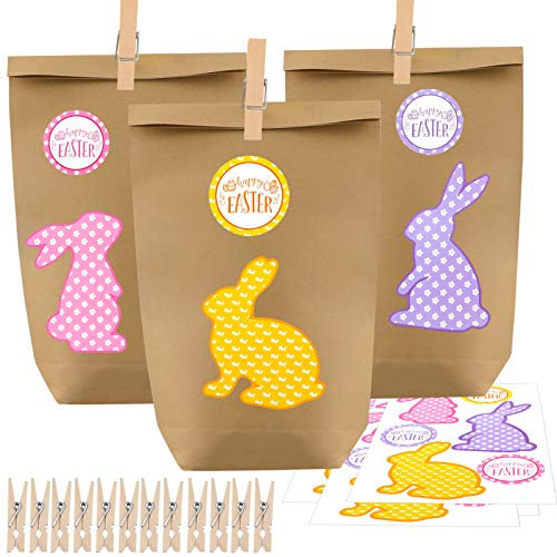 HOWAF Ostertüten zum Befüllen, 12 Stück Osterhase Papiertüten, DIY Geschenktüten Ostern Ostertasche mit Osterhasen Aufklebern für Kinder Osternester zum Befüllen und Verschenken