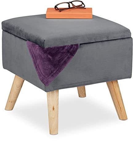 Relaxdays Samthocker mit Stauraum, gepolstert, eckig, mit Holzbeinen, Wohnzimmer Sitzhocker, HBT 40x40x40 cm, dunkelgrau