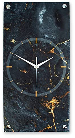 Kreative Feder Designer-WANDUHR Black & Gold Marble aus Stein mit Zeigern aus gebürstetem Aluminium - Designeruhr aus Beton mit flüsterleisem Uhrwerk (leises Funkuhrwerk)