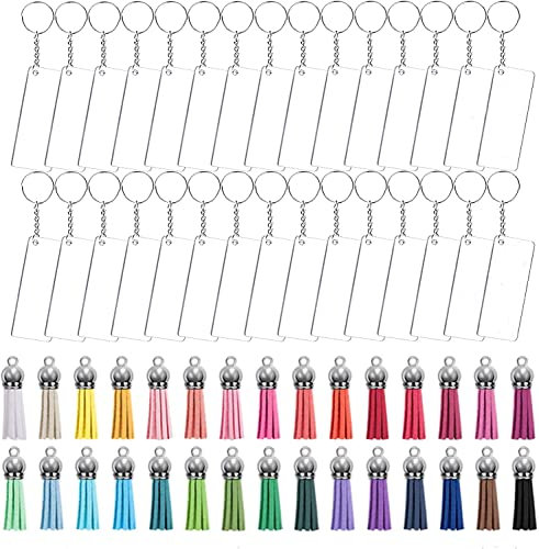90 Stücke Acryl Schlüsselanhänger Rohlinge Set, Transparent Acryl Rohlinge Set mit Anhänger Quasten Schlüsselringe für Schlüssel Handwerk DIY, Schmuckherstellung 30 Sätze