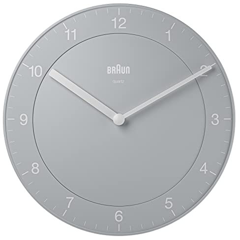 Braun Classic Analoge Wanduhr mit leisem Quarzuhrwerk, leicht ablesbar, 20 cm Durchmesser in Grau, Modell BC06G.
