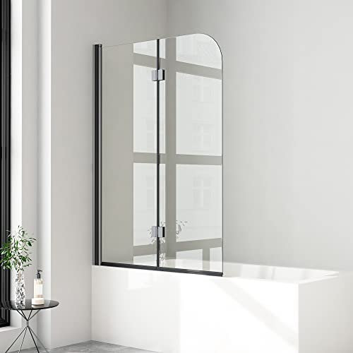 Duschwand für Badewanne 2 teilig faltbar 100x140 cm 6mm NANO Sicherheitsglas (ESG) Faltwand Badewannenaufsatz Badewannenfaltwand Duschabtrennung für Badewanne, Schwarz