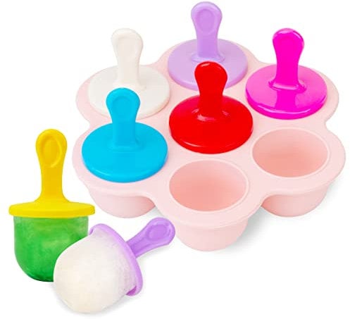 AIXMEET Eisformen Silikon, 7 Mulden Eisformen für Kinder, Formen für Gefrorenen Joghurt Oder Babyfruchtgetränke, BPA frei, Popsicle Formen mit 8 Eisstiele Wiederverwendbar.