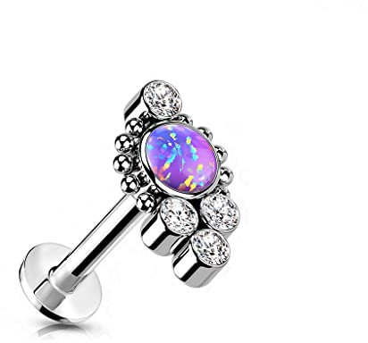 Paula & Fritz® Push-In Labret Piercing Opal Lila Zirkonia Klar Titan-IUM Grade 23 Piercing Mehrfarbig 1,2-mm Stab-Dicke 6-mm Lang Madonna Medusa Monroe