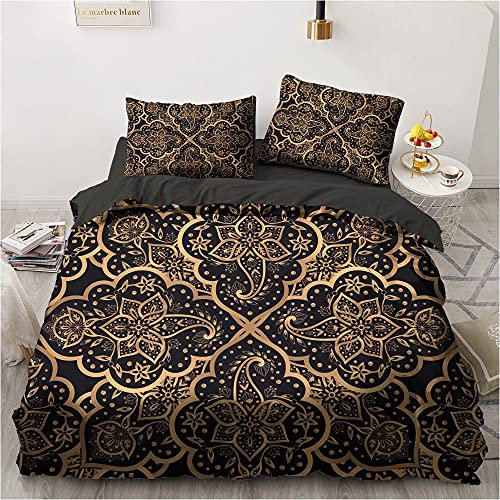 Luowei Böhmen Bettwäsche Set 135x200cm Schwarz Gold Böhmisches Mandala Muster Dekoratives Bettbezug und 1 Kissenbezug 80x80 cm mit Reißverschluss