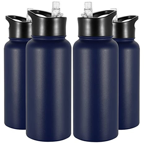VQRRCKI 32 oz Stainless Steel Insulated Bulk Water Bottles with 2 Lids, BPA Free Reusable Metal Sports Water Bottles Set for Gym Travel Running Hiking Women Men, Navy Blue 4 Pack