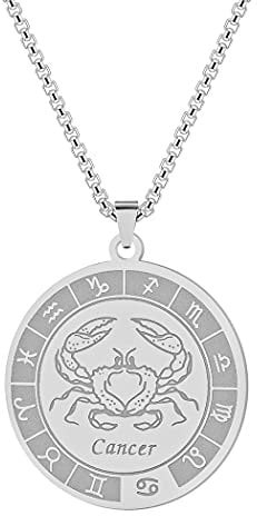 LUTAKU Cancer Zodiac Sign Pendant Necklaces for Women Men 12 Constellation Charm Stainless Steel Astrology Horoscope Sign Disc Jewelry Birthday Gift (Cancer-S)