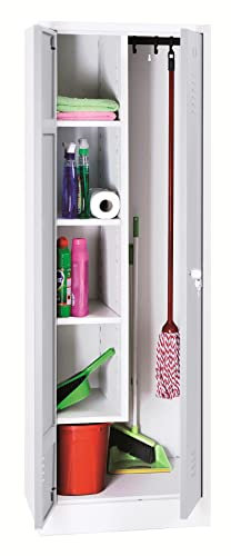 Schrank & Stuhl Mehrzweckschrank | Besenschrank mit verkürzter Trennwand, Hakenleiste und 5 Fächern 180x60x50, Zylinderschloss, komplett montiert, Weiß/Grau