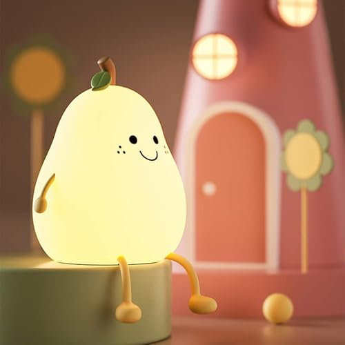 Cute Smile Pear Night Light, Warm Light USB Charging Mini Table Lamp Bedroom Decoration Night Light Kids Dimmable Night Light Silicone Pear Nursery Night Lamp with Touch Sensor for Children Gift