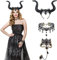 3TLG Kostüm Hörner Kopfschmuck Set, Schwarz Kopfbedeckung mit Gothic Spitze Halskette Armbänder Schmuck, Teufel Haarschmuck Halloween Damen Kostüm für Fasching Cosplay Maskerade Halloween Karneval