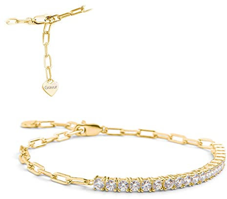 Amoonìc Damen Armband Gold | Tennisarmband und Gliederarmband in einem | Personalisierbar mit gravierbarem Herzplättchen | Silberarmband für Frauen