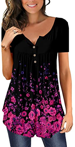 CHICZONE Womens Short Sleeve Tunic Tops Shirts Ruffle Ladies Casual V Neck Blouse Floral Printed Buttons Up FloRose
