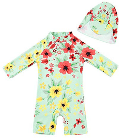 upandfast Maillot de Bain Mignon pour Filles avec Protection Solaire UPF 50+ Maillot de Bain Une pièce à Manches Longues avec Fermeture éclair (Vert Clair, 2-3 Ans)