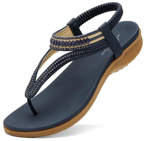 Littleplum Women's Summer Sandals Casual Comfortable Flip Flops Beach Shoes Ankle T-Strap Thong Elastic Flat Sandals for Women Blue Size 8.5