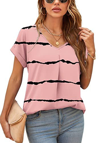 Yommay Damen Bluse Sommer Elegant V-Ausschnitt Tunika Shirt Oberteil Flowy Kurze Ärmel Chiffon Tops,F Pink Streifen,XL