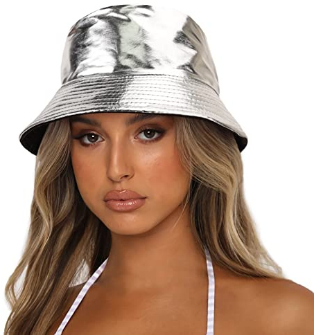 Reversible PU Leather Bucket Hats for Women Solid Color Double Wear Summer Hat Unisex (Silver)
