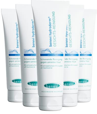 benevi hydroderm Gesichts-Reinigung 5 x 125 ml für unreine und zu Akne neigende Haut auch begleitend bei einer Akne-Therapie reinigt schonend und beseitigt zugleich effektiv den störenden Fettglanz