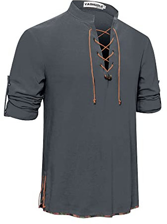 YAOHUOLE Men's Cotton Traditional Retro Style Medieval Costume Shirts Linen Shirts for Men Lace up Long Sleeve Shirts Viking Hippie Matching Dark Gray 2XL