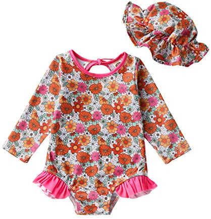 Bébé Fille Maillot de Bain Une Pièce Anti-UV Combinaison Natation Fermeture Eclair et Imprimé Foral avec Bandeau Tenue 2Pcs pour Piscine Plage Surf (Rose Fleurs, 6-12 Months)