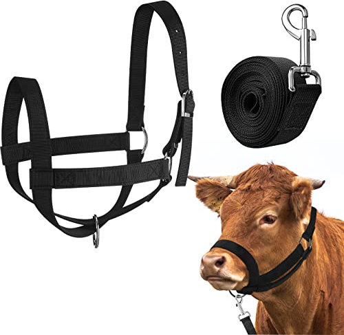 Hillban Kuhhalfter, verstellbares Wadenhalfter mit Führungsseil, für Miniaturpferde, Esel, Ziegen, Fohlen, Nylon, Rinder-Trainingszubehör (klein, schwarz)