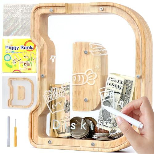 Lakpopya Spardose Kinder Buchstaben aus Holz für A-Z Personalisiert Sparschwein Durchsichtig Alphabet Sparbox, Geschenk Dekoration Taufe für Jungen Mädchen (D)