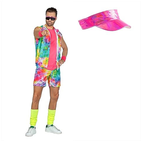 MIMIKRY Roller Skates Aerobic Dude Herren Kostüm inkl. Kappe Neon 80er Jahre Skater Boy 80`s, Größe:XL