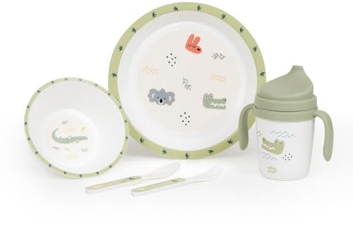 Danielstore Vajilla Bebé 5 Piezas | Apta Microondas y Lavavajillas | Libre de BPA | Incluye Plato, Cuenco, Cubiertos y Vaso con Pitorro, Juego de 5 Piezas | Babero incluido (Australia verde)