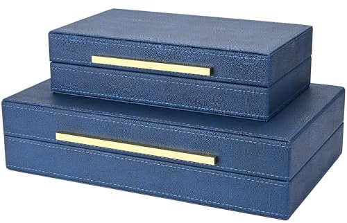 ZIKOUL Navy Blue Shagreen box Set of 2 Faux Leather Decorative Boxes,Large Nesting Storage Decorative Boxes with Lids for Modern Home Decor Stacking Jewelry Box Organizer