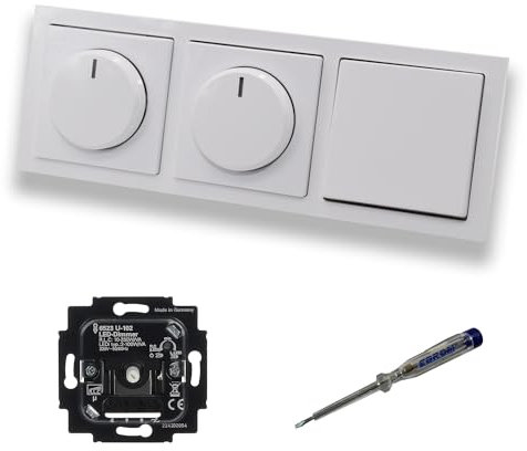 Busch Jäger 6523U-102 (2 x) LED Drehdimmer Dimmer + Dimmerscheiben 6540-84-102 + Lichttaster 2020 US in Future Linear Studioweiß glänzend + EBROM Phasenprüfer zur Montage der Geräte 6523 U – 102