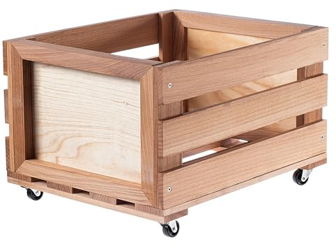 KADAX Contenitore per dischi in vinile in legno, scatola per la raccolta di dischi in vinile con ruote, robusto supporto per dischi, marrone, 36,5 x 45,5 x 28,5 cm, Scatola per dischi in vinile