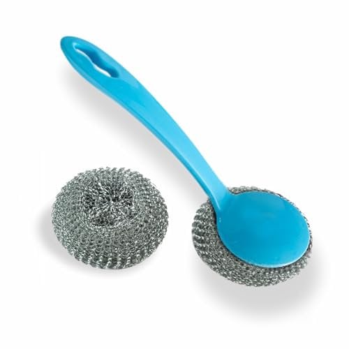 Scourer Brush Heavy Duty Stainless Steel Mesh Scourer Non Scratch Refill Washing Up Scouring Pad Plastic Handle Brush Ideal For Plates Pans Pots Dishes Bowl Home Restaurants Kitchen Accessory (1pack)