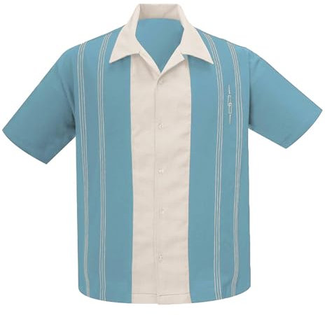 Steady Clothing Hemd Harper Babyblau Vintage Bowling Shirt Retro, Größe:L