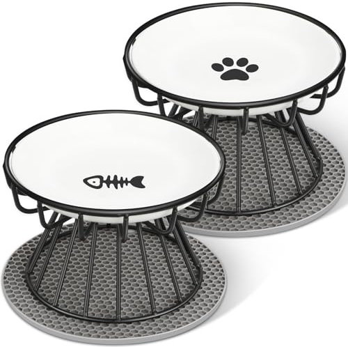 Avmvnvc Katzennapf Erhöht - Futternapf Katze aus Keramik mit Napfunterlage Silikon, Erhöhter Futternapf für Katzen mit Metallständer, Zervixschutz-Katzennapf, Katzennäpfe für Futter Wasser, 2 Stück
