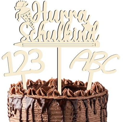 Cake Topper - Hurra Schulkind Holz Tortendeko, Einschulung Schulanfang Cupcake Torten Topper ABC 123 Kuchendeko Schuleinführung Party Deko Geschenkidee für Junge Mädchen Kinder