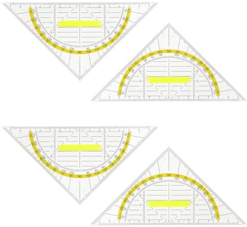 simarro 4 Stück Geodreieck Mit Griff, Transparent Geometrie Dreieck Lineal Flexibel Geodreieck zum Kreise Zeichnen Kunststoff Zeichendreieck Winkelmesser Set für Studenten Büro(15,7 x 11,1 cm)