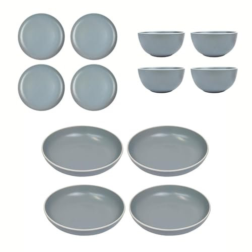 YöL Grey Dinnerware Set Table Setting Service For 4 Stoneware Modern Design 12pc Dinner Set Bowls Plates Dining