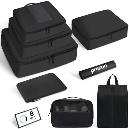 Prezon Cubos de embalaje para maletas, juego de 8, organizadores de equipaje ligeros, cubos de embalaje para accesorios de viaje - Negro
