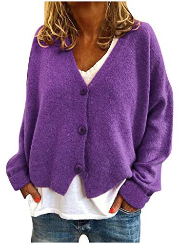 Women's Cardigans Sweater Winter Floral Print Long Sleeve V-Neck Sweaters Button Down Ribbed Cuffs Knit Cropped Cardigans Winter Crochet Jackets Tops Cropped Boho Coat for Women UK (Purple, L)
