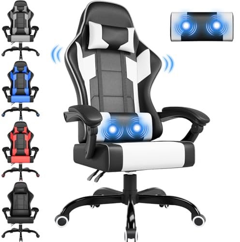Airfish Bürostuhl Ergonomisch Gaming Stuhl Massage Gaming Sessel mit Kopfstütze Massage-Lendenkissen, Gepolstert Gamer Chair, Drehsessel,150kg Kapazität,Schwarz weiß