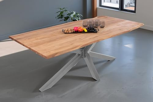 SAM Esstisch Dana 260x100 cm Akazie Eiche Baumkante Spider-Gestell Silber | Baumkantentisch massiv, Akazienholz eichefarben, Metallgestell, pflegeleichter Holztisch, Esszimmertisch