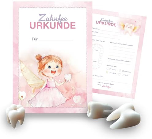 Zahnfee Urkunde (20 Stück) in Rosa – mit Minibuch Geschichte von Zahnfee Lilly - Geschenk für Mädchen und Junge – Zahn Zertifikate für die Milchzähne und Erinnerung an die ersten Zahnlücken
