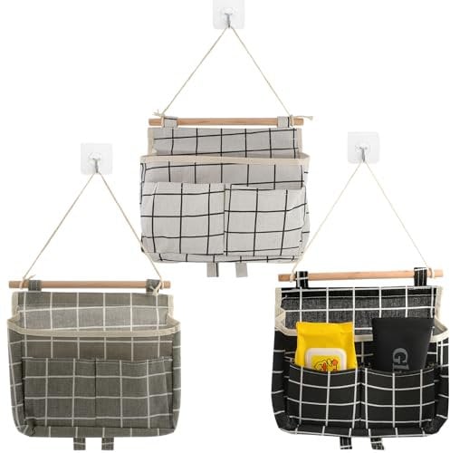 KATIMI 3 Stück Hängeorganizer Bad, Faltbares Leinen Wandorganizer aus Leinen, Hohe Kapazität Hängeaufbewahrung mit 3 Haken, Tür Bad Organizer Hängend für Wohnmobil Zuhause Büro (Karo, 3 Farben)