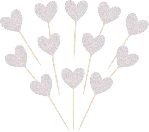 SYKYCTCY 40 Pack Silver Heart Cupcake Toppers Glitter Love Heart Valentine Cupcake Picks for Valentine's Day Theme Wedding Engagement Bridal Shower Birthday Party Cake Decorations Supplies